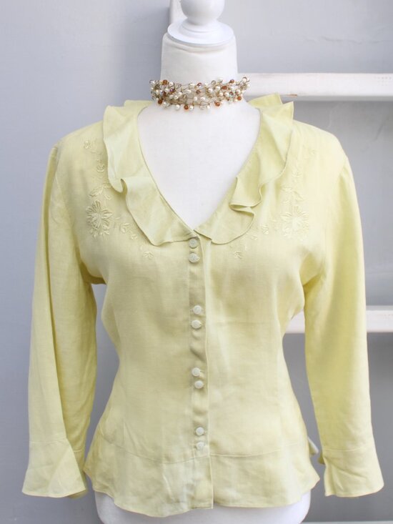 Liz Claiborne Tops - Liz Claiborne Yellow Green Linen Floral Embroidery Ruffle Button-Up Blouse Large